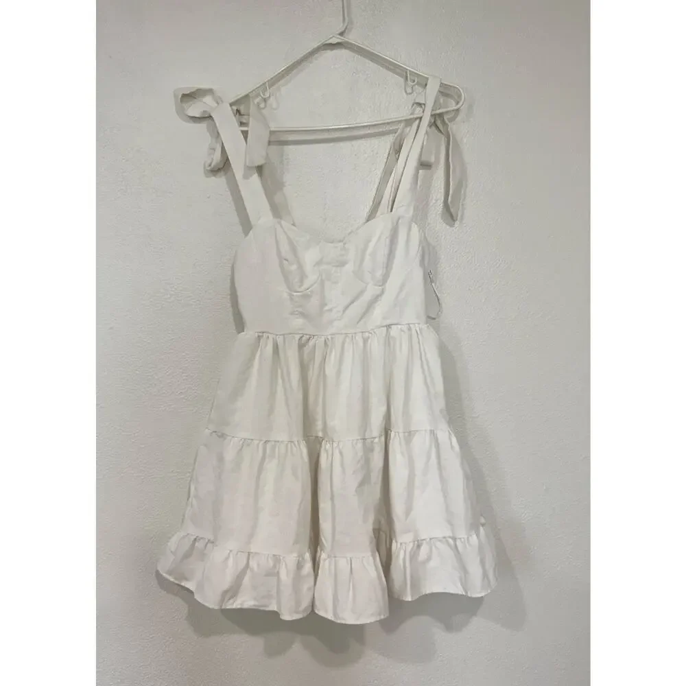 Lulus Tier-ly Delightful White Tie-Strap Tiered Bustier Mini Dress Size Small - Picture 2 of 12